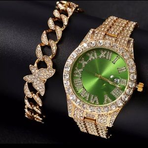 New 2pc Watch + Butterfly Bracelet Miami Cuban Link